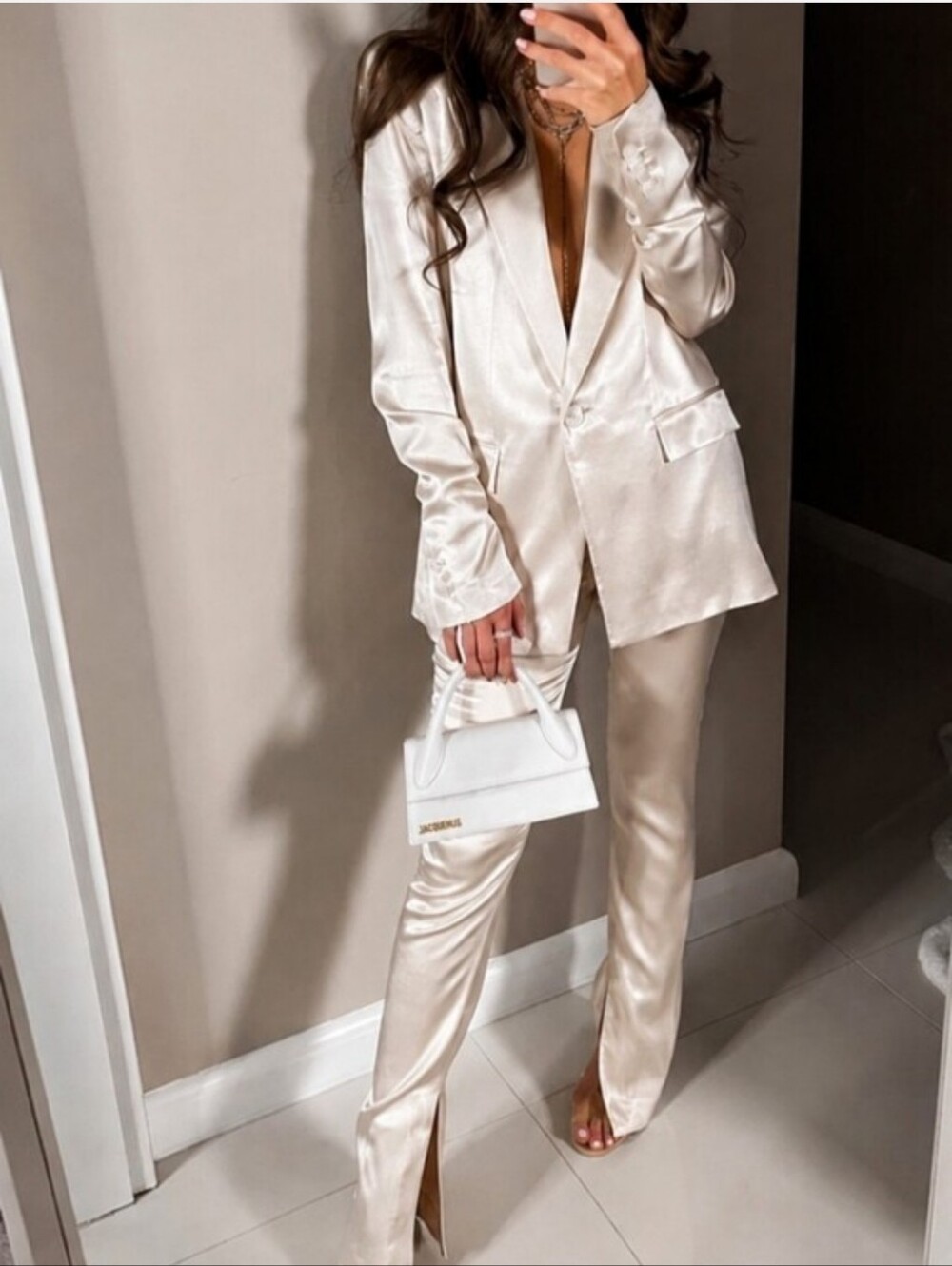 Zara Set 2 pc Matching Satin Effect Blazer and Pants Cream Size XS/S
